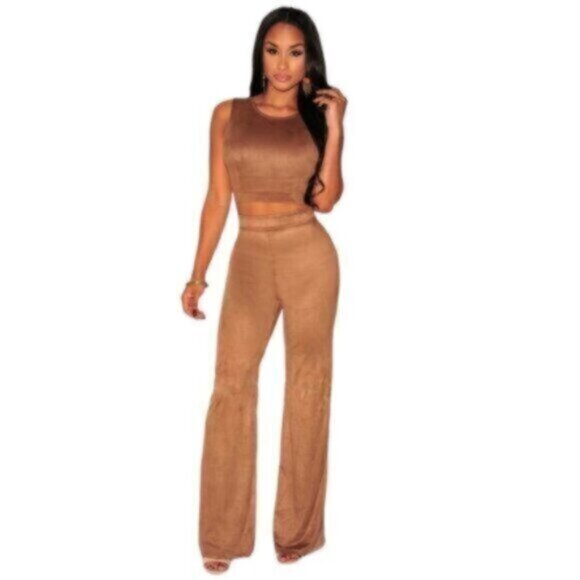 Vinatge Pants - Vintage Mocha Suede Two Piece Pants Set - Crop Top